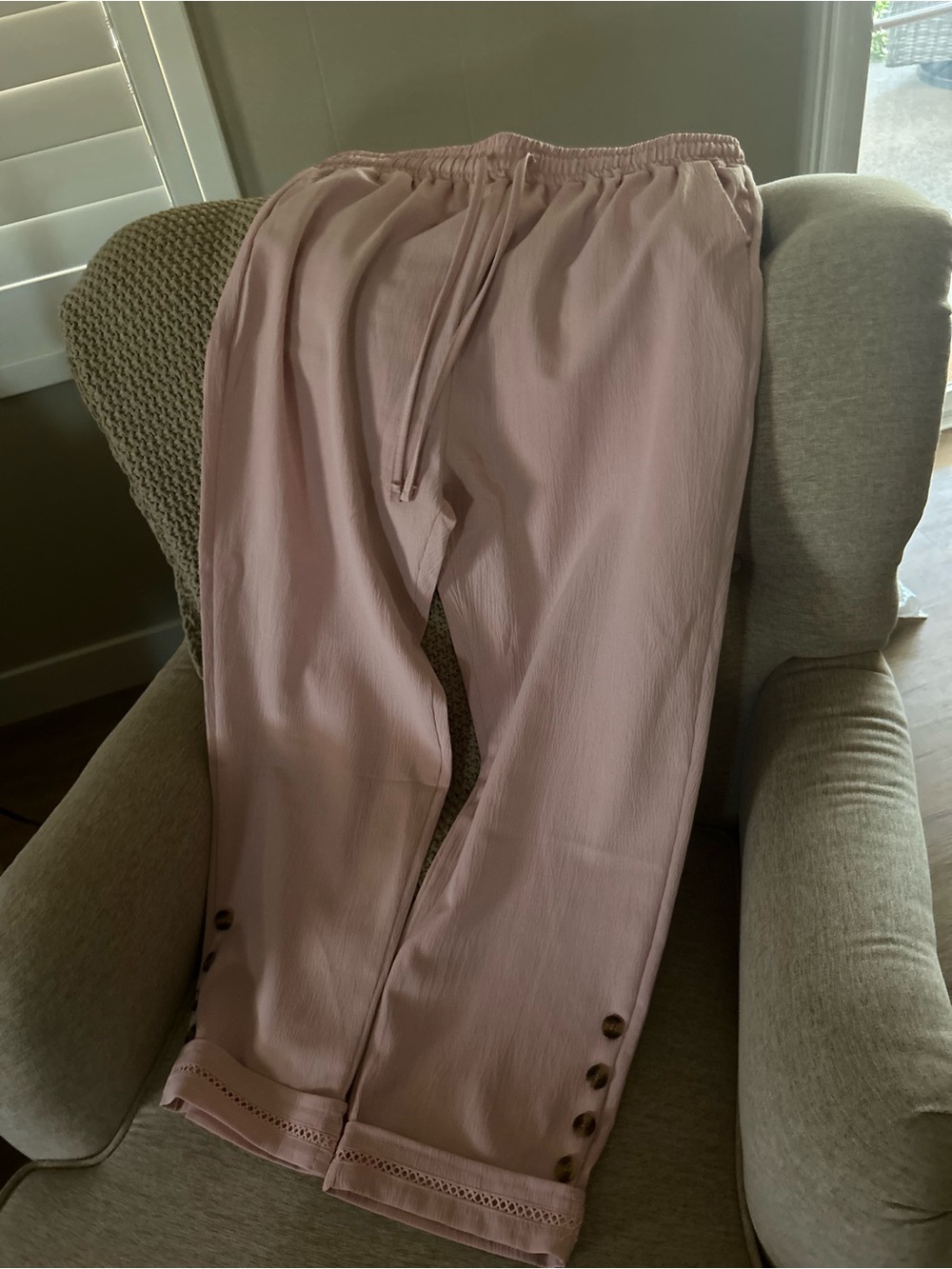 Light Pink Drawstring Trousers with Button Detail